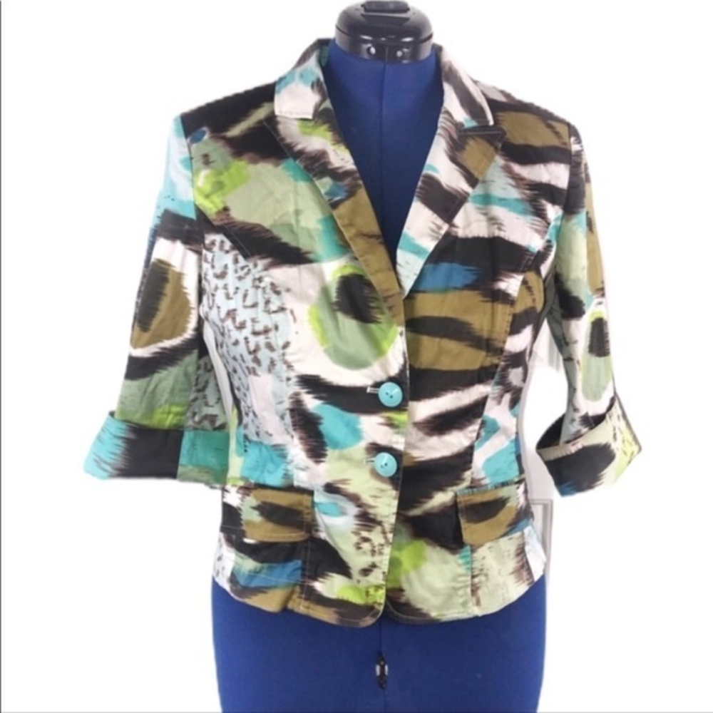 Insight 14 tan/blue/multicolor abstract pattern‎ 2 button 3/4 sleeves blazer